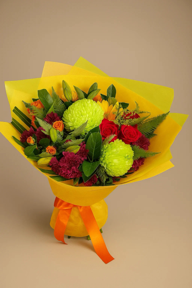 Sunlit Delight yellow and orange bouquet with gerberas and lilies – Flowers of Southport