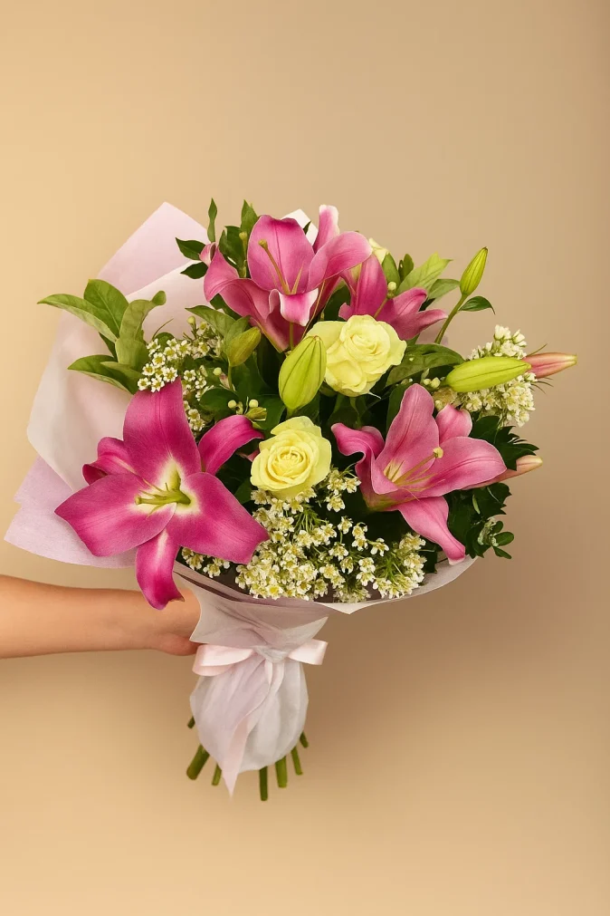 Rosita pink lily bouquet with cream roses, and baby's breath – Southport florist”