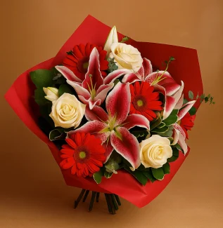Carla Pink lily, red Gerbera and white rose bouquet wrapped in hot pink – Flowers of Southport
