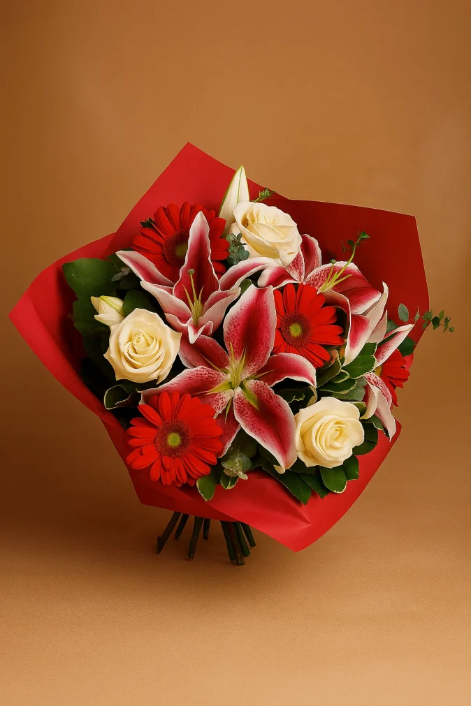 Carla Pink lily, red Gerbera and white rose bouquet wrapped in hot pink – Flowers of Southport