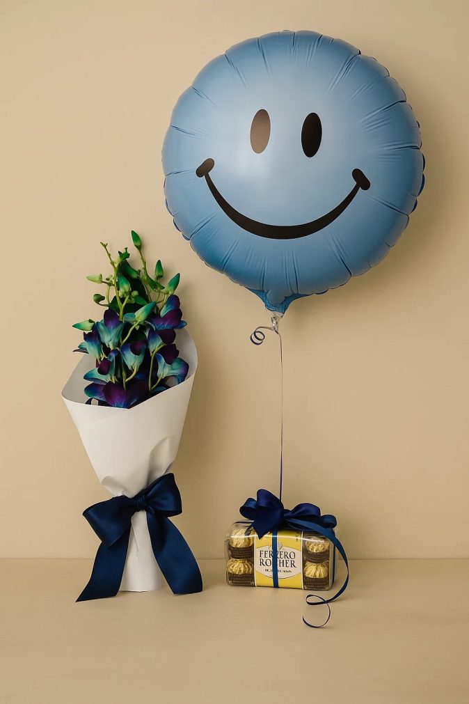 orchid bouquet and balloons amore surprise combo