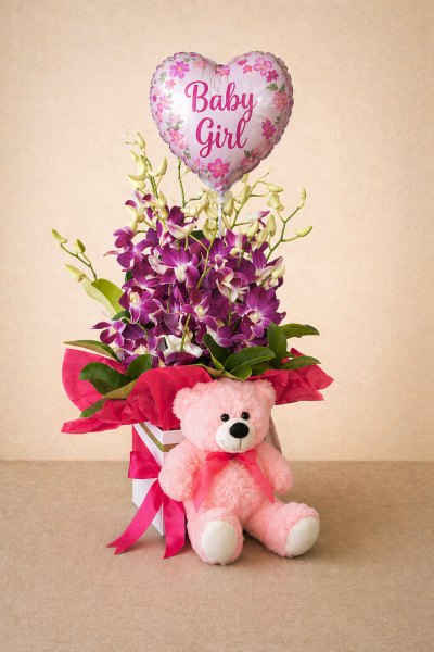 baby girl orchid arrangement with teddy bear and balloon Gold Coast
