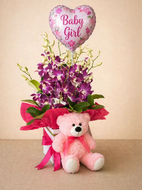 baby girl orchid arrangement with teddy bear and balloon Gold Coast