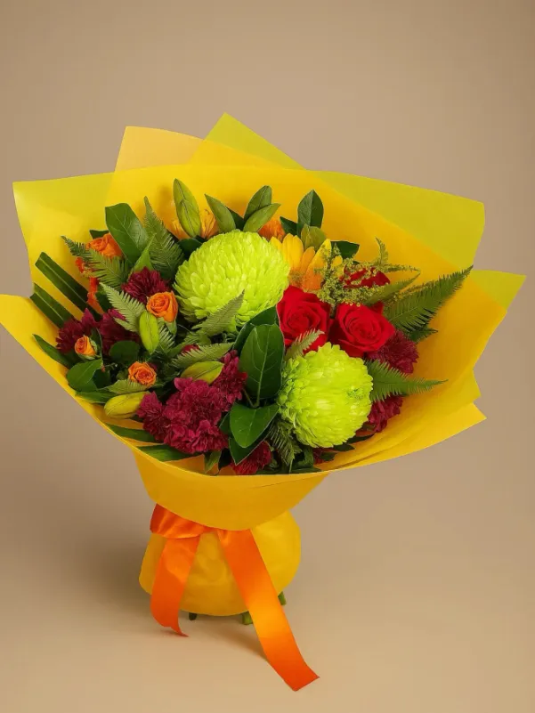 Bright flower bouquet with yellow and orange blooms for delivery in Gold Coast