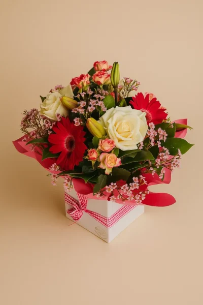 Flower box arrangement Gold Coast with roses lilies and mixed flowers in a decorative gift box