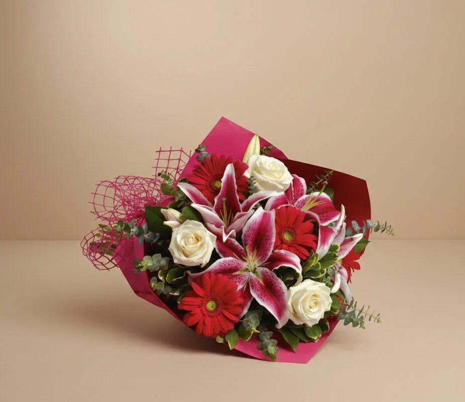 Bouquet with lilies gerberas and roses Gold Coast in elegant seasonal arrangement