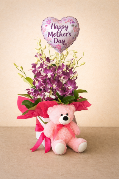 Mother’s Day orchid arrangement with teddy bear and balloon Gold Coast