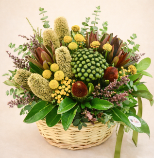 Australian native flower basket arrangement with banksia, billy buttons and eucalyptus in a woven basket Gold Coast