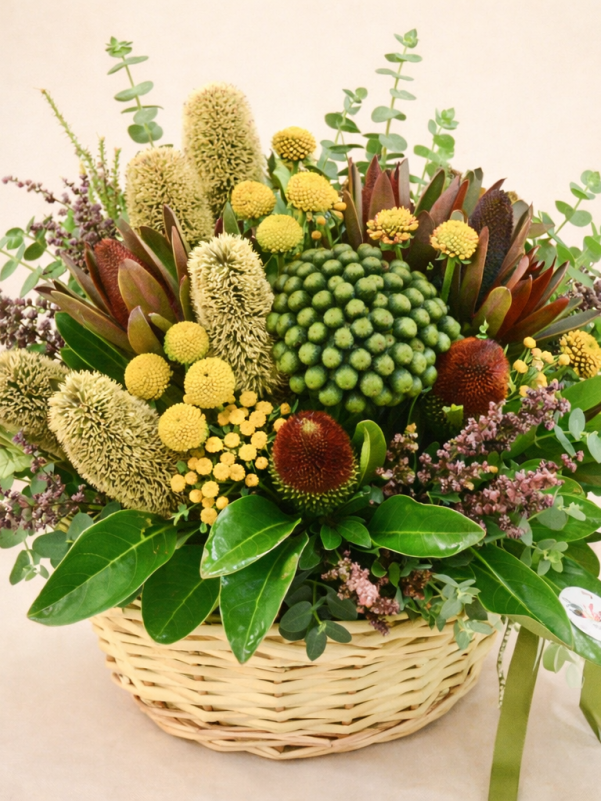 Australian native flower basket arrangement with banksia, billy buttons and eucalyptus in a woven basket Gold Coast