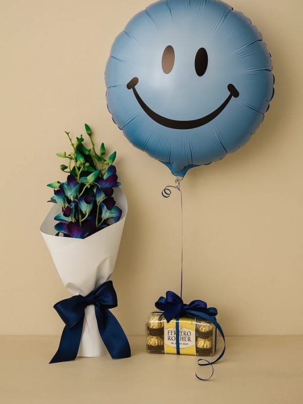 Orchid gift combo Gold Coast with Singapore orchids balloon and chocolates gift set