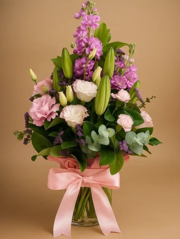Pastel flower arrangement with soft pink white and cream flowers for delivery in Gold Coast
