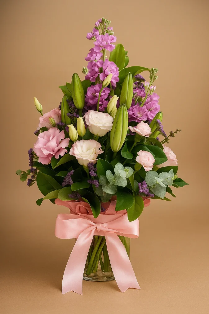 Pastel flower arrangement with soft pink white and cream flowers for delivery in Gold Coast