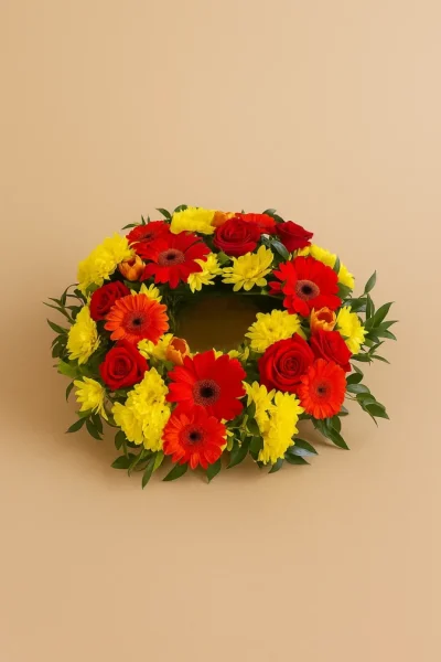 Bright sympathy wreath with colourful flowers funeral tribute Gold Coast