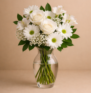 White vase bouquet Gold Coast with elegant white flowers arranged in a glass vase