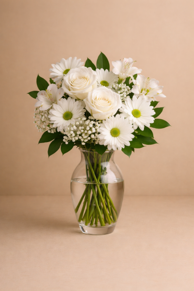 White vase bouquet Gold Coast with elegant white flowers arranged in a glass vase