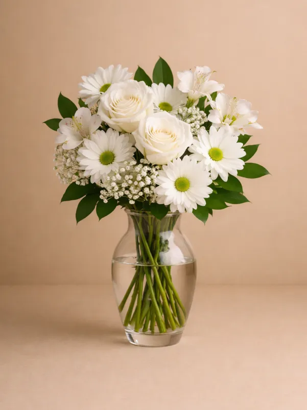 White vase bouquet Gold Coast with elegant white flowers arranged in a glass vase