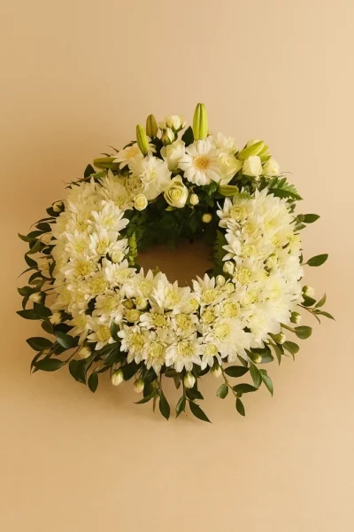 White funeral wreath Gold Coast with white flowers arranged in a circular sympathy tribute