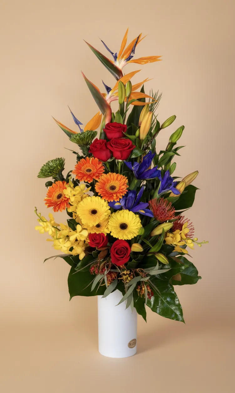 Dazzle tropical flower arrangement tall ceramic vase Gold Coast same day delivery