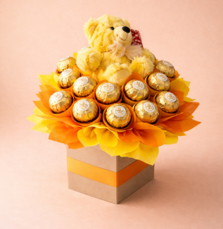 Ferrero Rocher chocolate bouquet with teddy bear in gift box – Gold Coast delivery