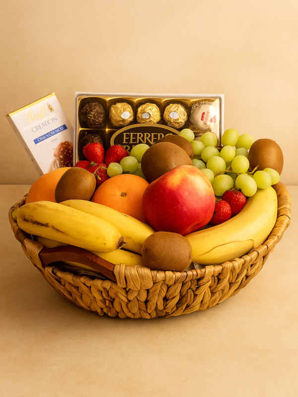 Fresh fruit basket with seasonal fruits beautifully arranged in a wicker basket, perfect for gifts and same-day delivery in Gold Coast