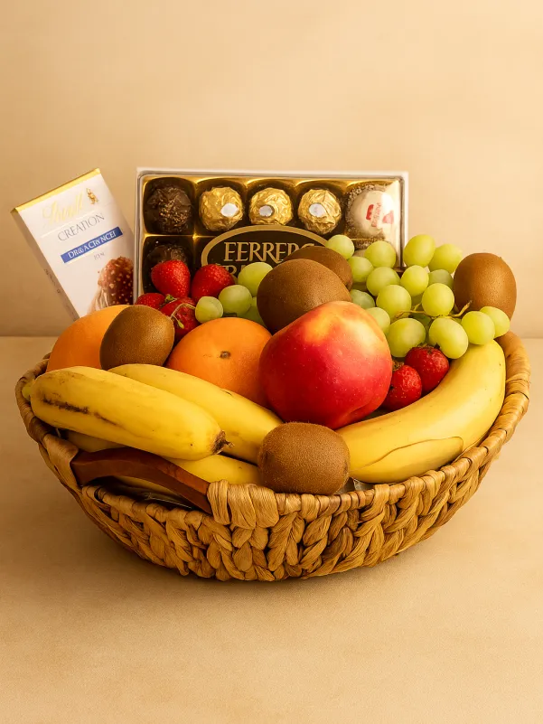 Fresh fruit basket with seasonal fruits beautifully arranged in a wicker basket, perfect for gifts and same-day delivery in Gold Coast