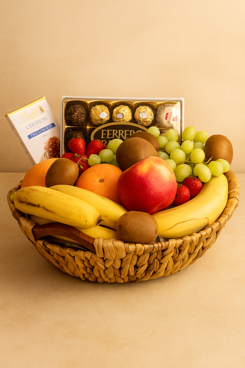 Fresh fruit basket with seasonal fruits beautifully arranged in a wicker basket, perfect for gifts and same-day delivery in Gold Coast