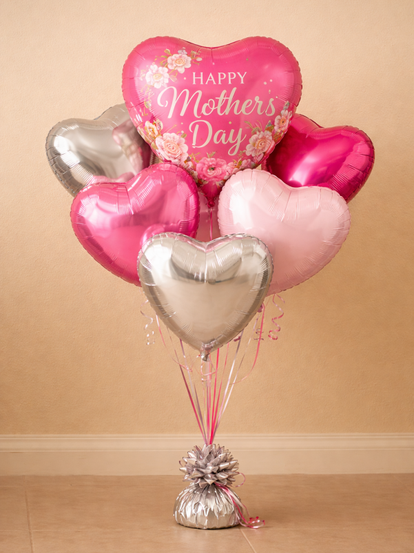 Happy Mother’s Day helium balloon bouquet with pink and silver heart-shaped foil balloons and decorative weight