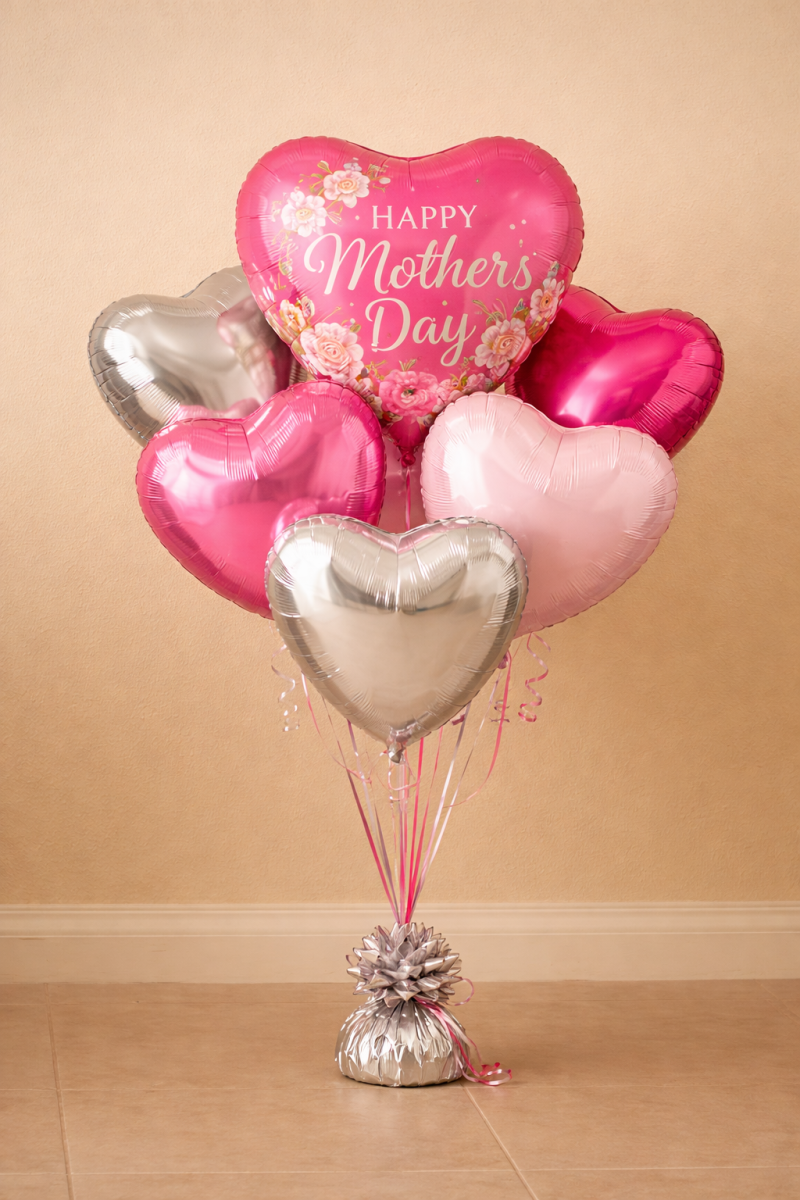 Happy Mother’s Day helium balloon bouquet with pink and silver heart-shaped foil balloons and decorative weight