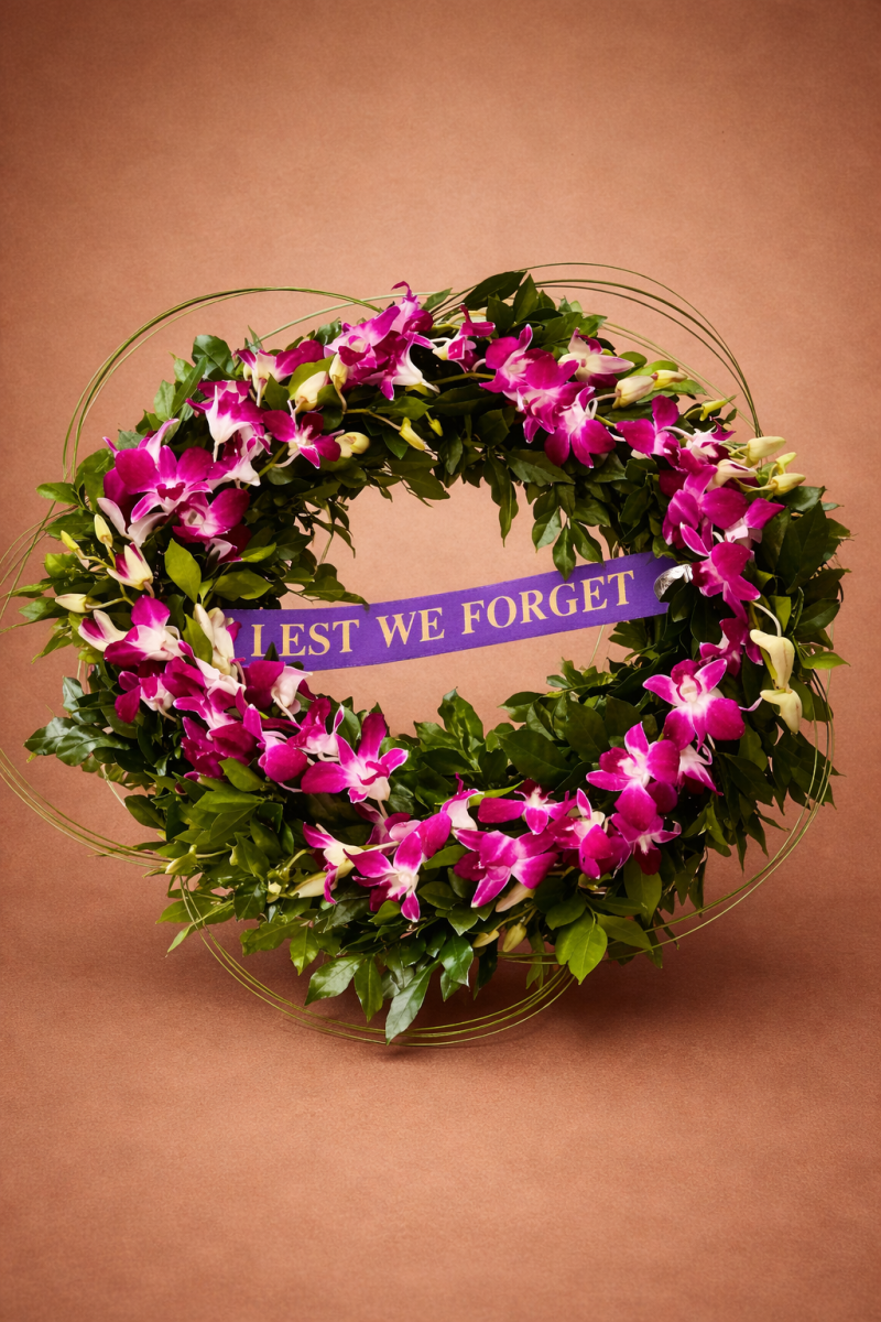 Lest We Forget funeral wreath with pink orchids and greenery Gold Coa
