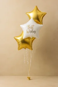 Mini balloon bouquet Gold Coast with three heart-shaped balloons in red and gold for gift delivery