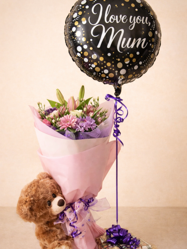 Mother’s Day flower bouquet with teddy bear and I love you mum balloon Gold Coast