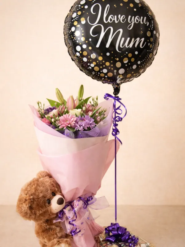 Mother’s Day flower bouquet with teddy bear and I love you mum balloon Gold Coast
