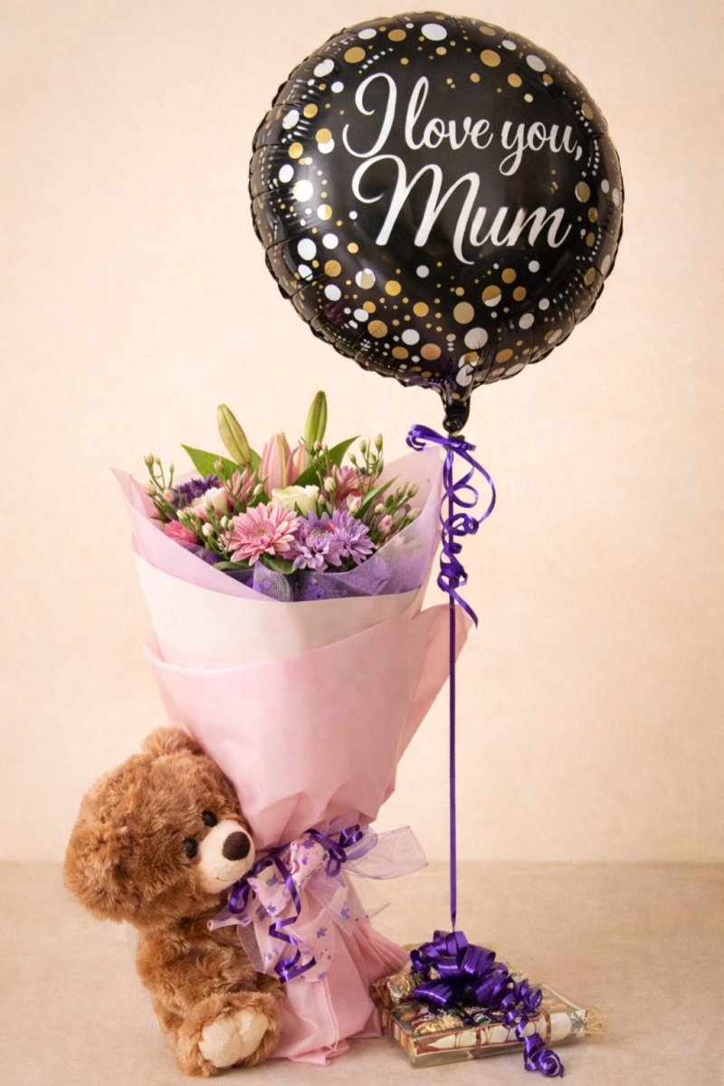 Mother’s Day flower bouquet with teddy bear and I love you mum balloon Gold Coast