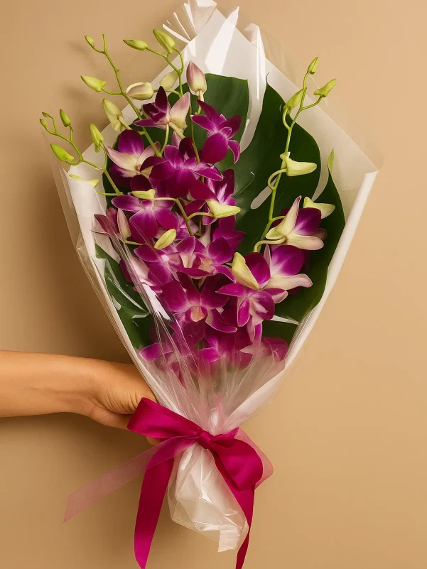 Fresh purple orchid bouquet Gold Coast florist same day delivery with premium orchids