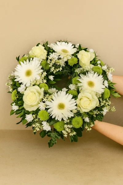 Tender Goodbye funeral wreath with white gerbera daisies, roses, and green chrysanthemums