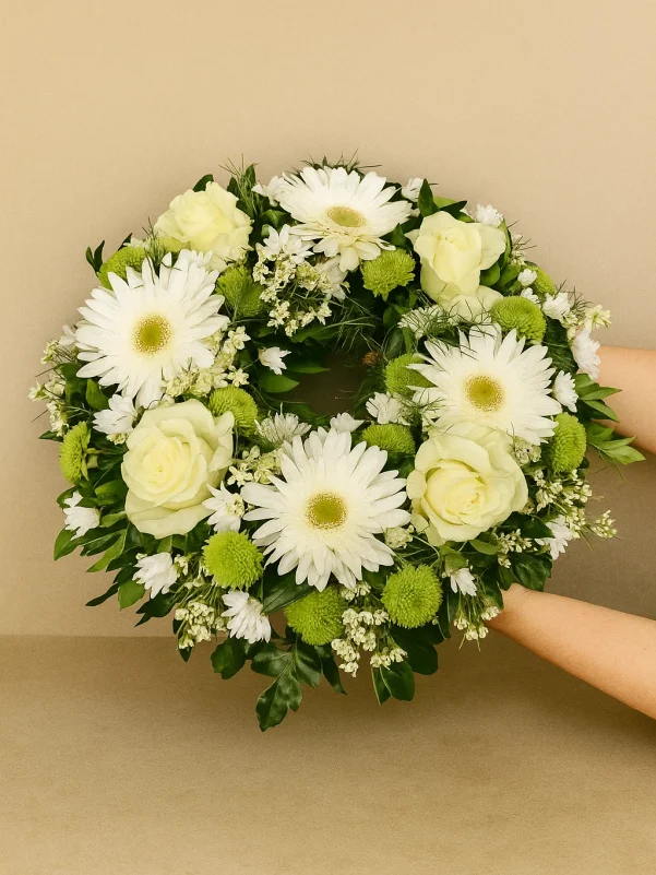 Tender Goodbye funeral wreath with white gerbera daisies, roses, and green chrysanthemums