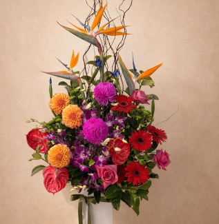 Tropical flower arrangement with exotic blooms and greenery in modern style Gold Coast