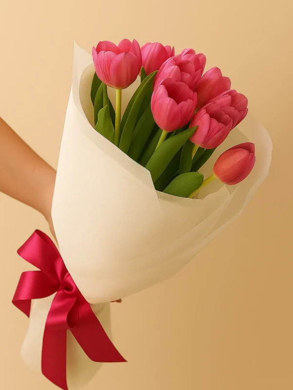 Elegant tulip bouquet with fresh vibrant tulips wrapped in premium paper, ideal for gifts and same-day delivery in Gold Coast
