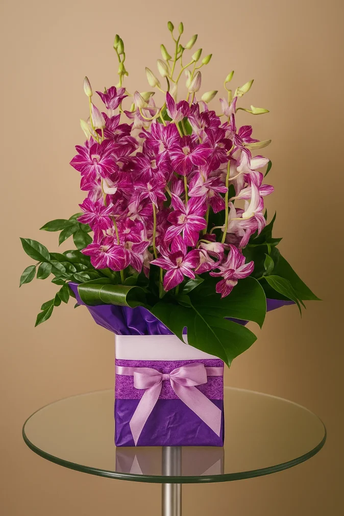 pink orchid arrangement Heavenly Hues Florist GC