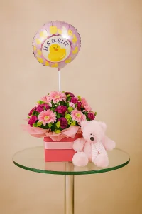 Baby girl gift combo with pink flowers teddy bear and balloon in gift box Gold Coast