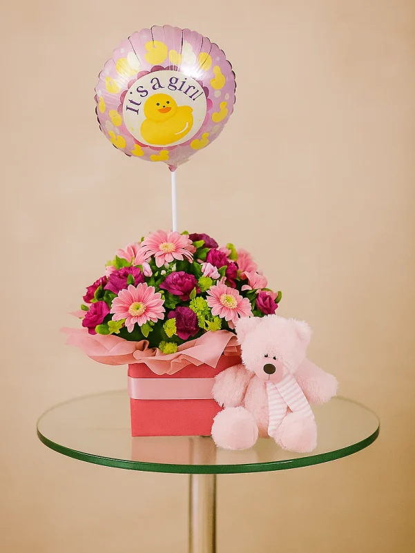 baby girl gift box with flowers teddy bear and balloon Gold Coast same day delivery