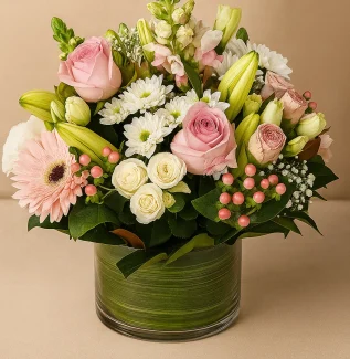 Fresh roses gerberas and lilies arrangement Gold Coast florist same day delivery with premium mixed flowers