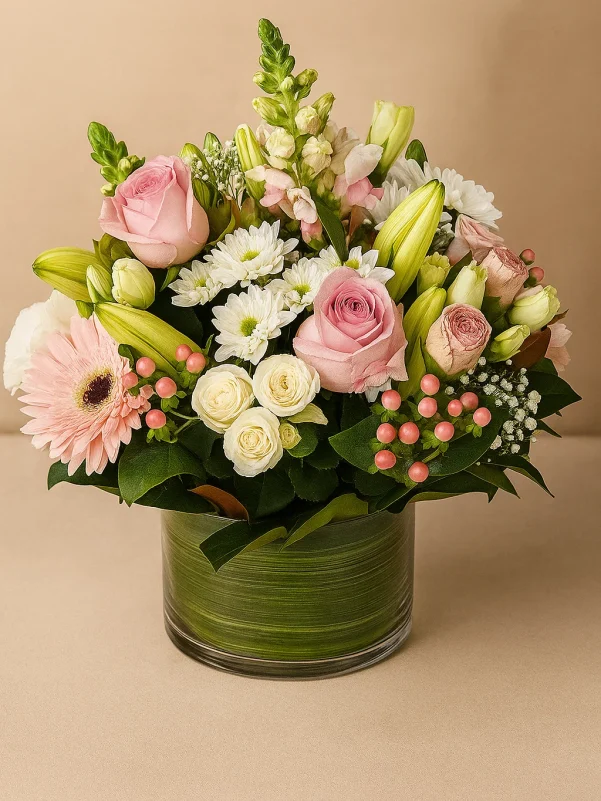 Fresh roses gerberas and lilies arrangement Gold Coast florist same day delivery with premium mixed flowers