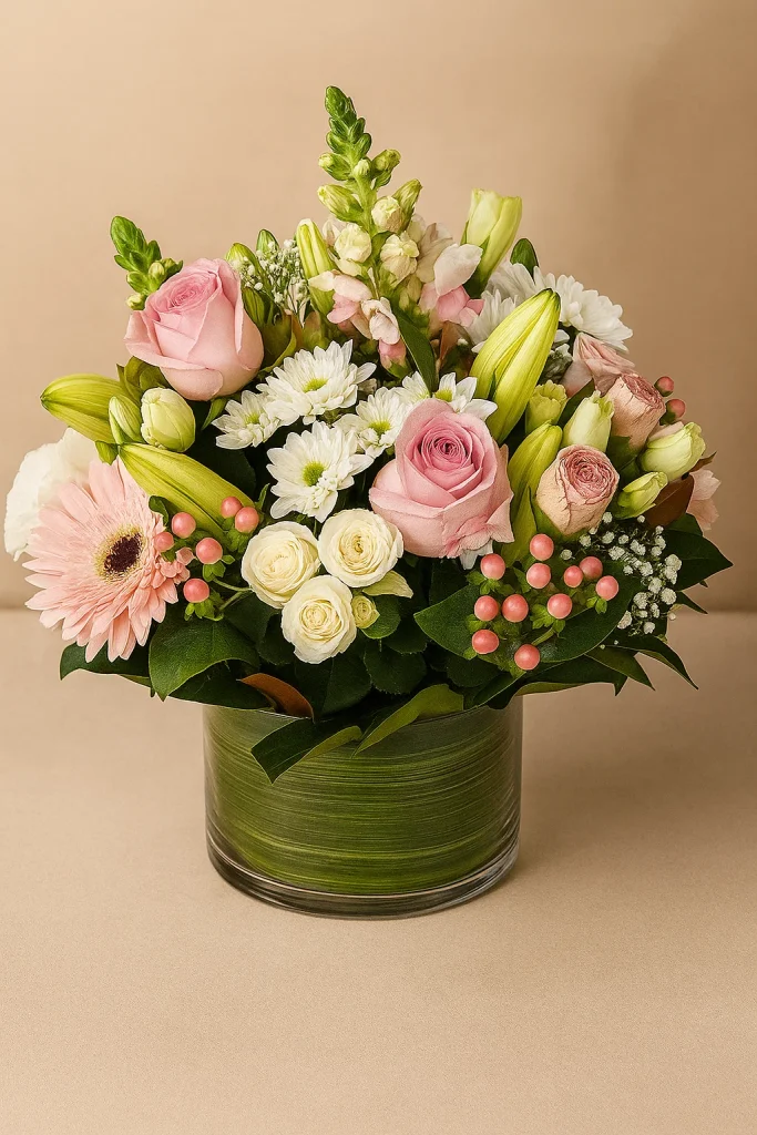 Fresh roses gerberas and lilies arrangement Gold Coast florist same day delivery with premium mixed flowers