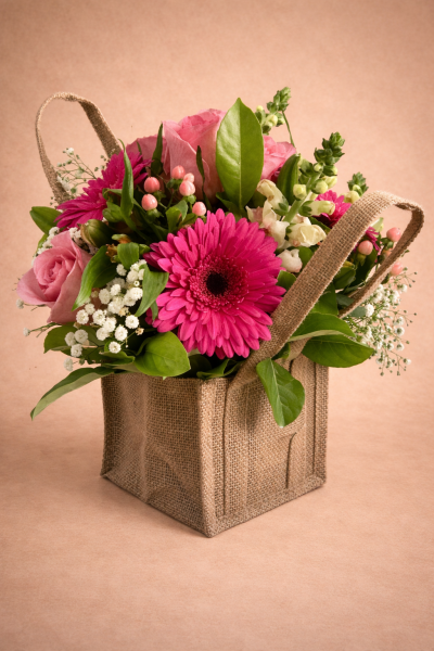 **ALT text:** Venezuela soft pink flower arrangement with gerbera daisies, roses, and baby’s breath in a rustic hessian bag