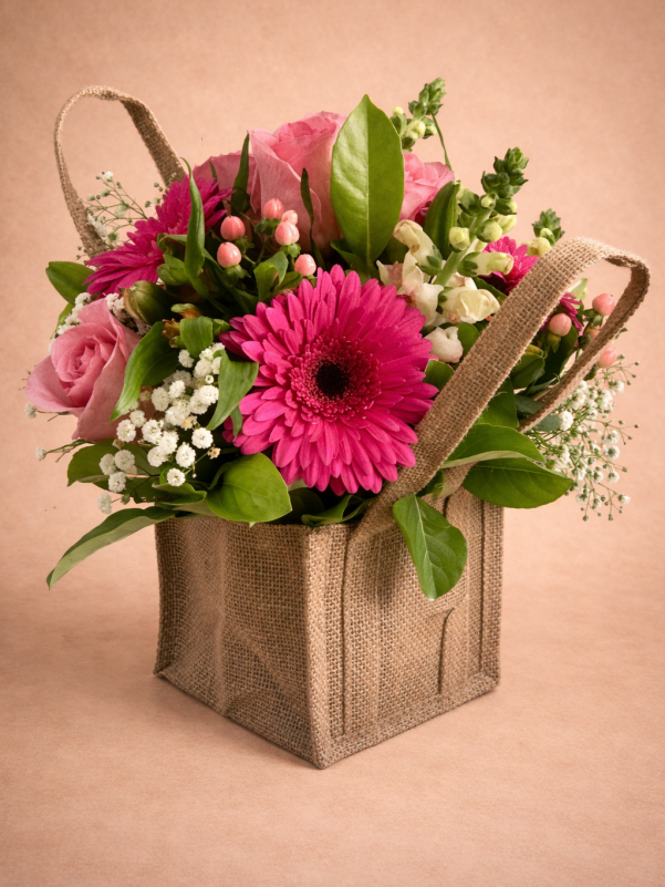 **ALT text:** Venezuela soft pink flower arrangement with gerbera daisies, roses, and baby’s breath in a rustic hessian bag