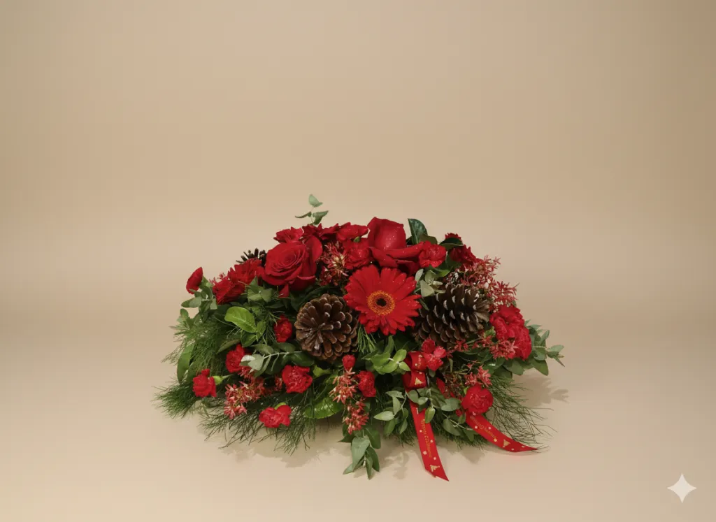 Crimson Christmas table centrepiece with red roses - Flowers of Southport, Gold Coast