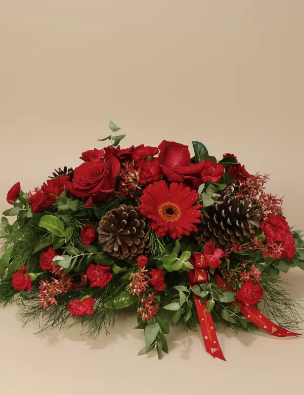 Crimson Christmas table centrepiece with red roses - Flowers of Southport, Gold Coast