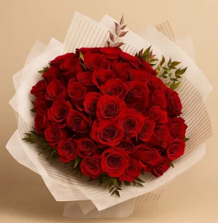 50 rose bouquet Gold Coast with premium fresh roses arranged in a large round bouquet, available in red