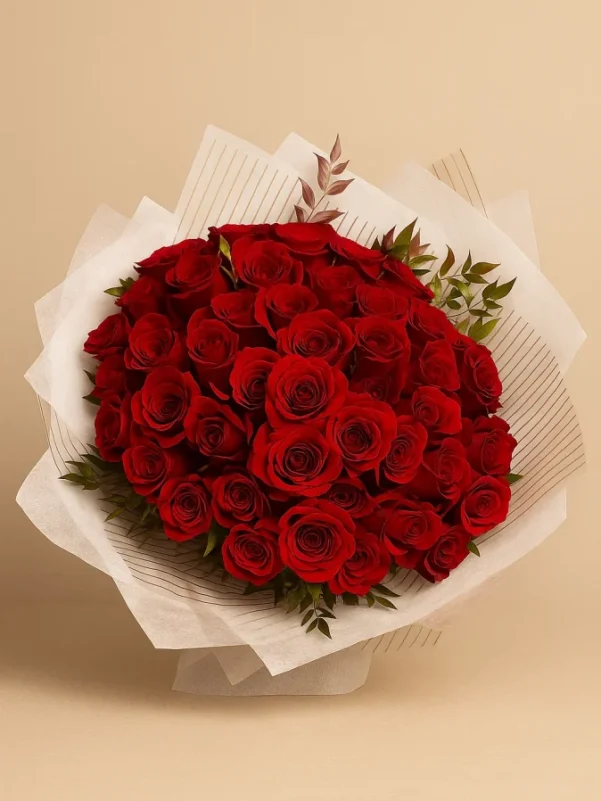 50 rose bouquet Gold Coast with premium fresh roses arranged in a large round bouquet, available in red
